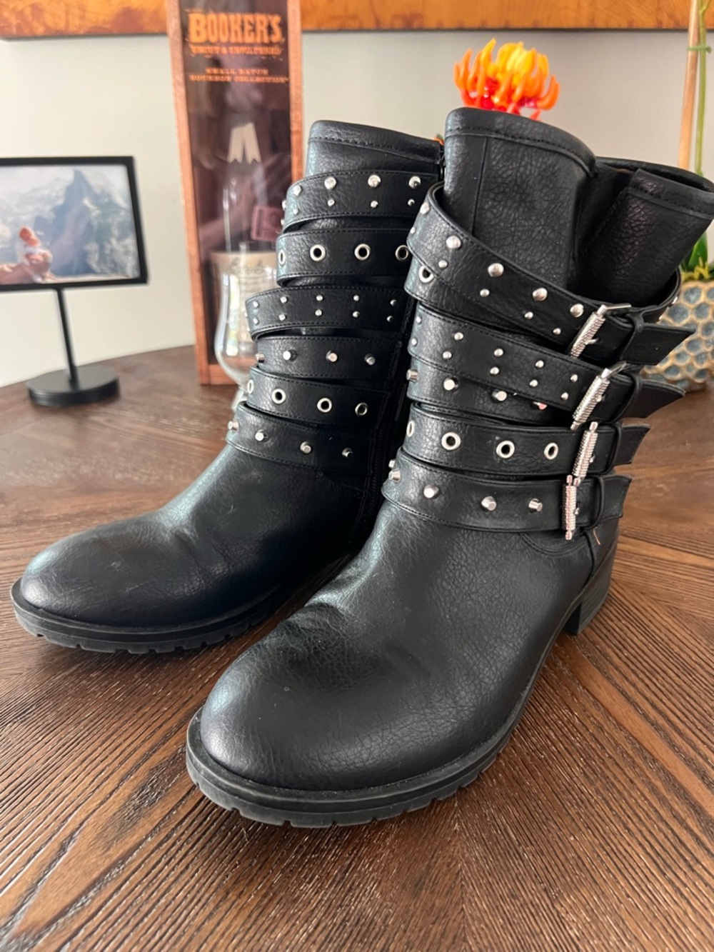 Fergie Black Studded Buckle Strap Combat Boots